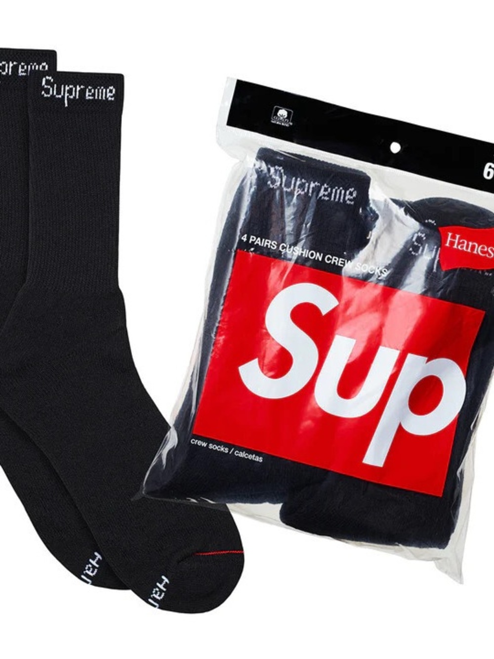 Supreme x Hanes Black Crew Socks 4 Pack Size 6-12